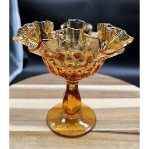 Vintage Fenton Glass Compote Candy Dish Colonial Amber Thumbprint Double Ruffled